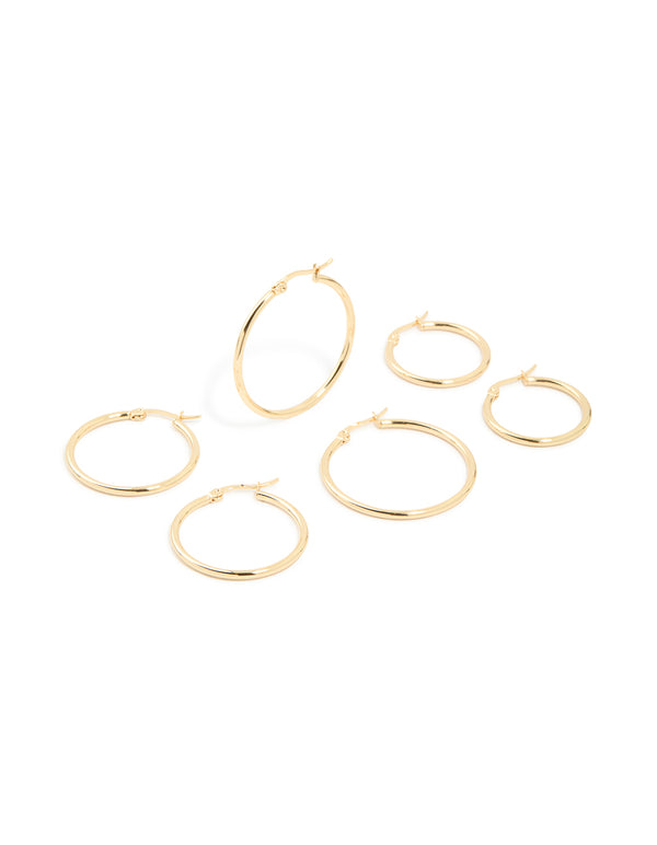 Waterproof Gold Plated Stainless Steel Large Thin Mix Hoop Earrings 3-Pack