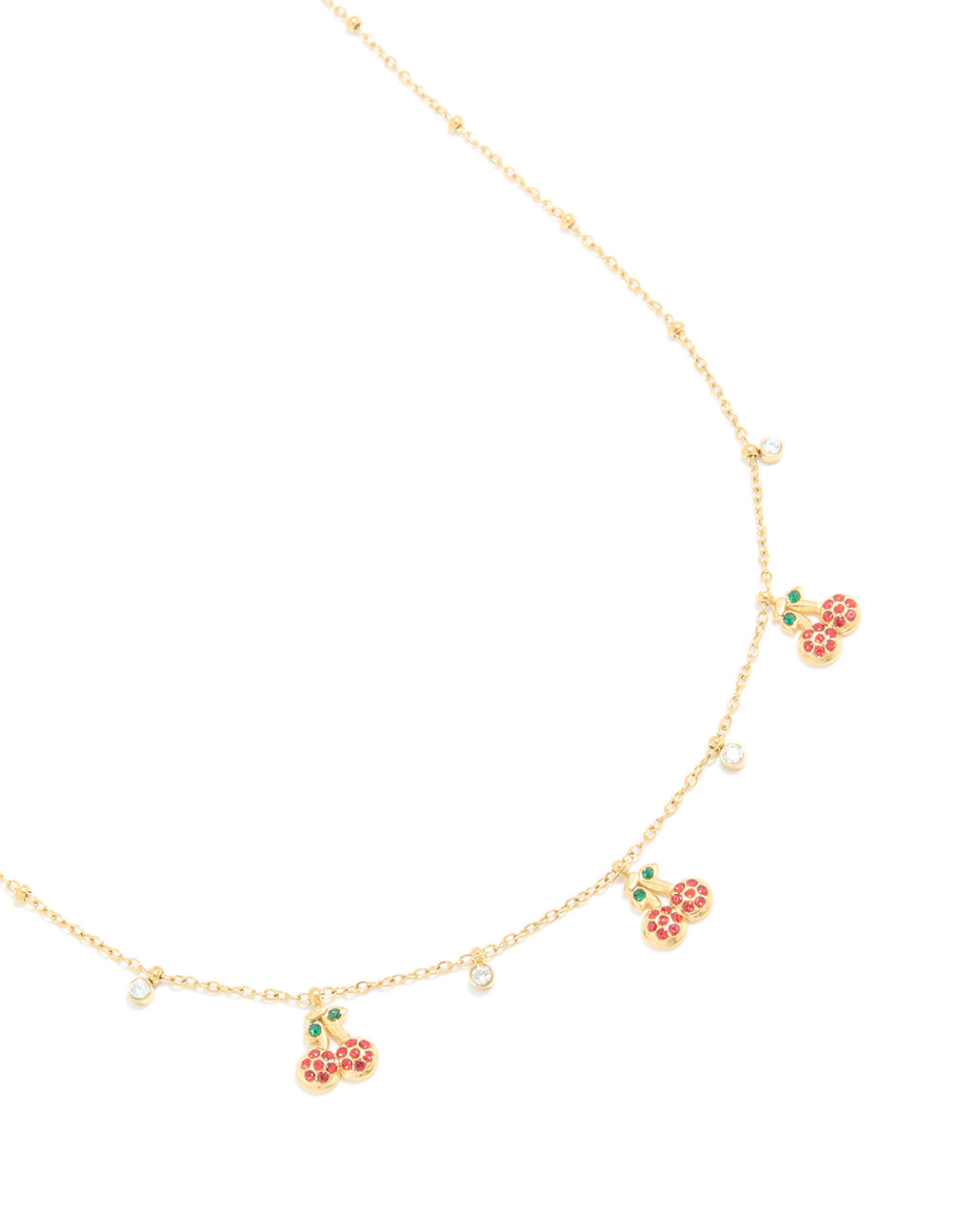 Waterproof Gold Plated Stainless Steel Diamante Circle & Cherry Charms Necklace