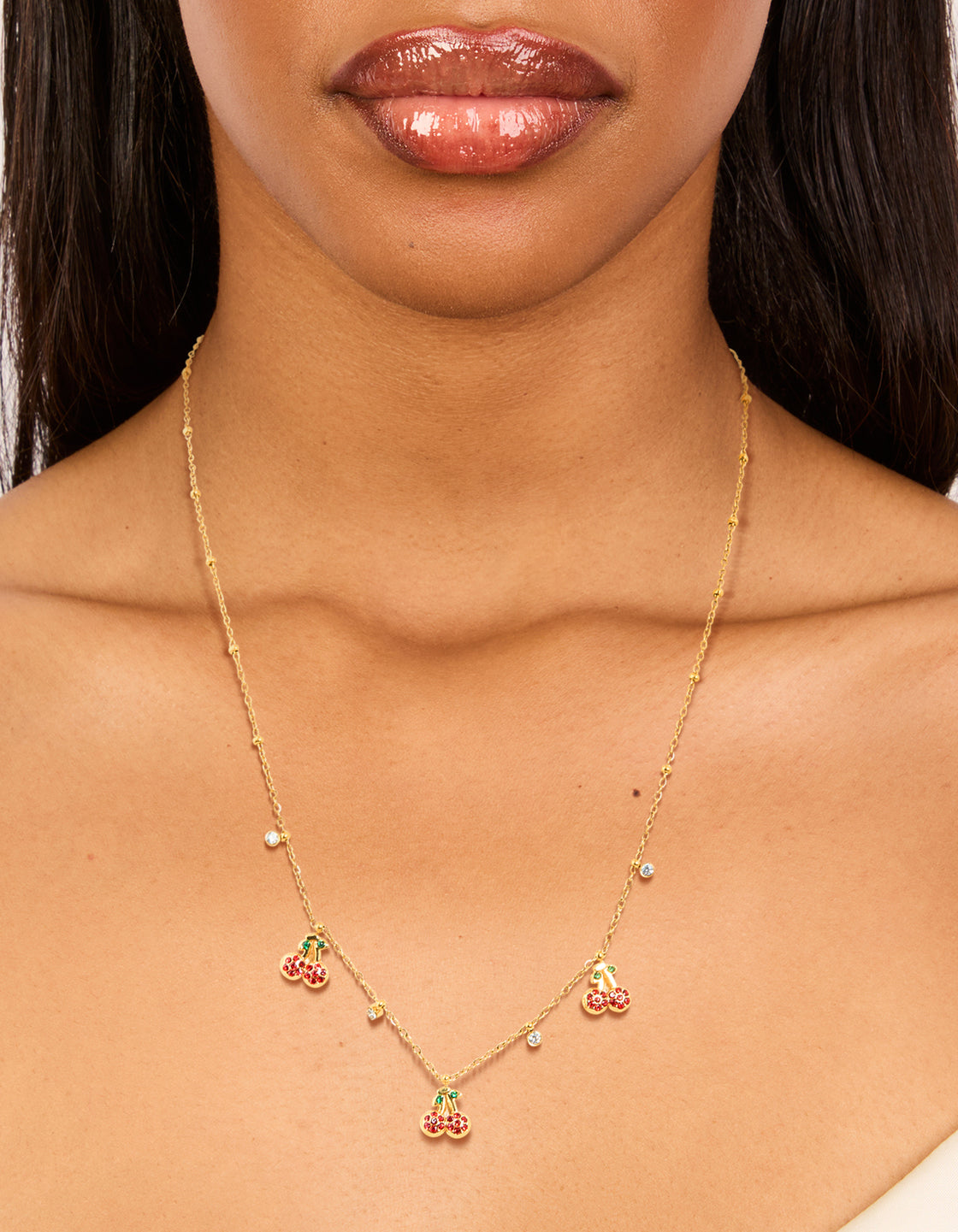 Waterproof Gold Plated Stainless Steel Diamante Circle & Cherry Charms Necklace