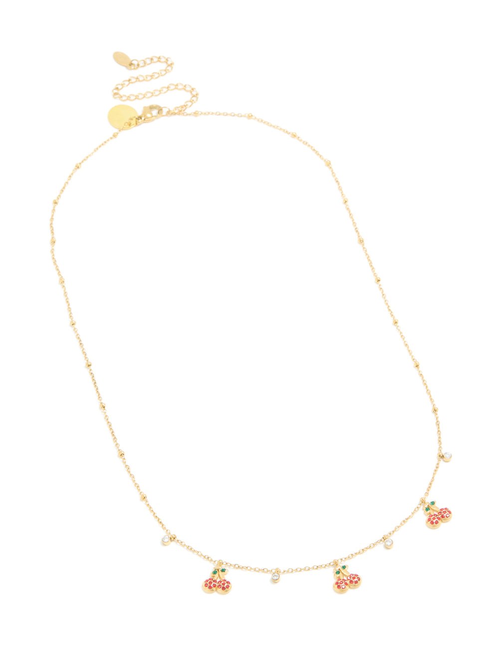 Waterproof Gold Plated Stainless Steel Diamante Circle & Cherry Charms Necklace