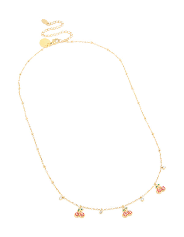 Waterproof Gold Plated Stainless Steel Diamante Circle & Cherry Charms Necklace