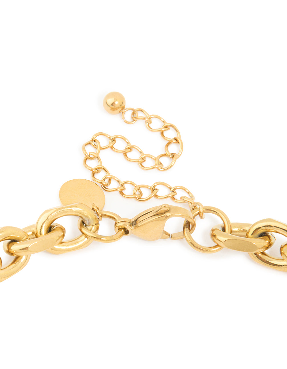 Presenting a waterproof gold plated stainless steel thick chain necklace in chunky styling clasp detail view