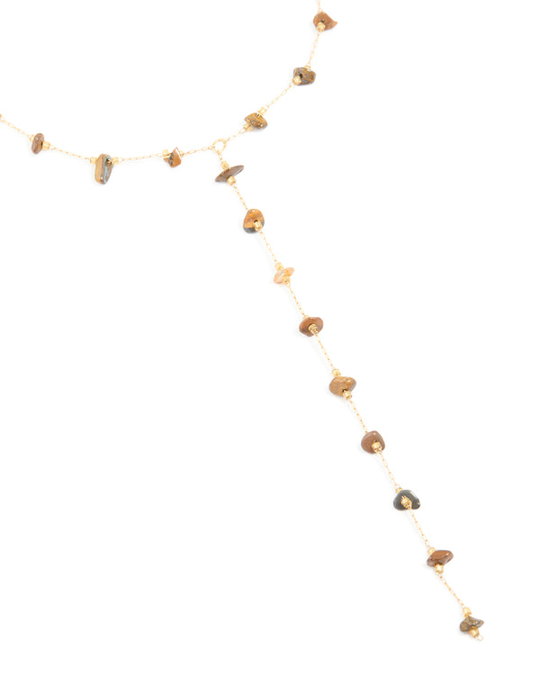 Waterproof Gold Plated Stainless Steel Tigers Eye Semi Precious Stone Y-Necklace