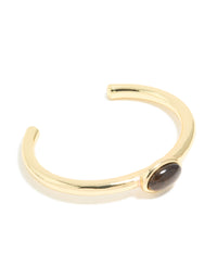 Waterproof Gold Plated Stainless Steel Tigers Eye Semi Precious Stone Open Wrist Cuff - link has visual effect only