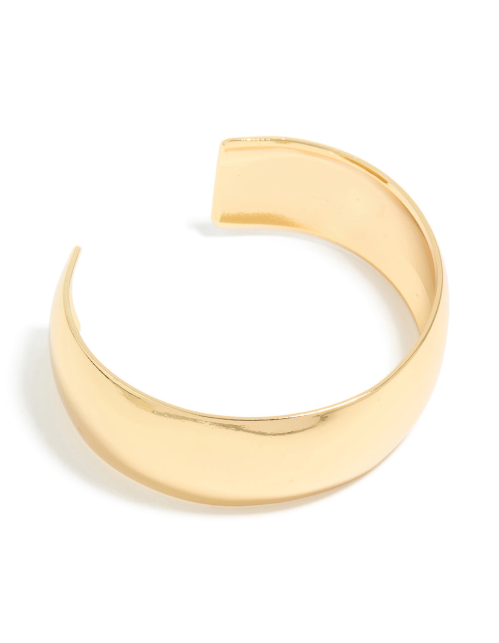 Showcasing a waterproof thick open wrist cuff crafted from stainless steel with statement styling in gold plated finish front view