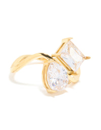 Waterproof Gold Plated Stainless Steel Cubic Zirconia Pear & Rectangle Single Ring - link has visual effect only