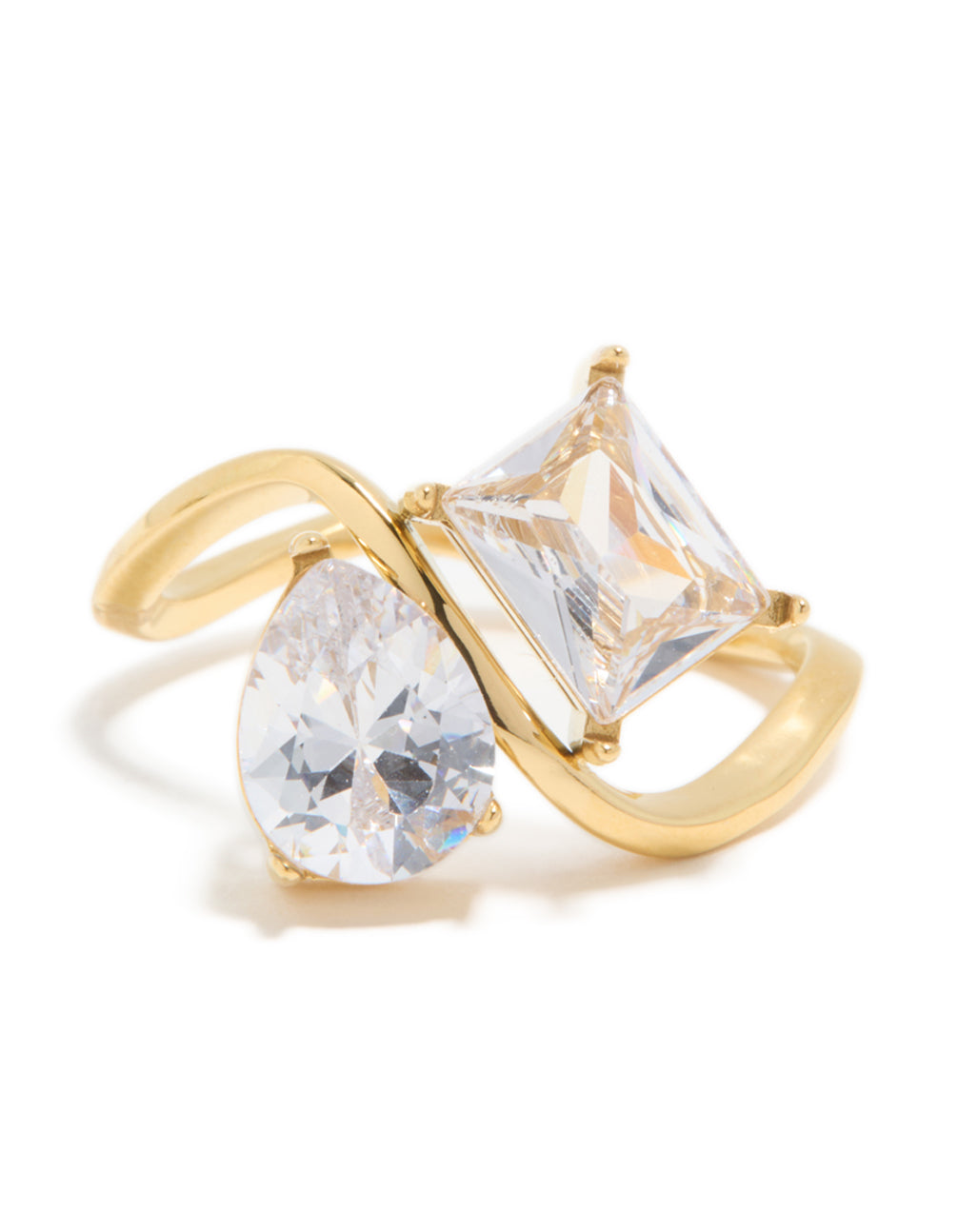 Waterproof Gold Plated Stainless Steel Cubic Zirconia Pear & Rectangle Single Ring