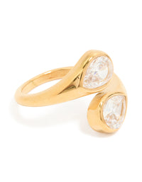 Showcasing a waterproof gold plated stainless steel ring featuring cubic zirconia in a statement style side detail view - link has visual effect only