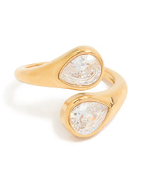 Stunning waterproof gold plated stainless steel ring with cubic zirconia in statement design close up view - link has visual effect only