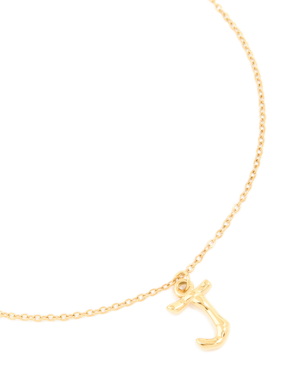 Showcasing a waterproof letter J necklace featuring initial pendant in bamboo style, crafted from gold plated stainless steel close up view