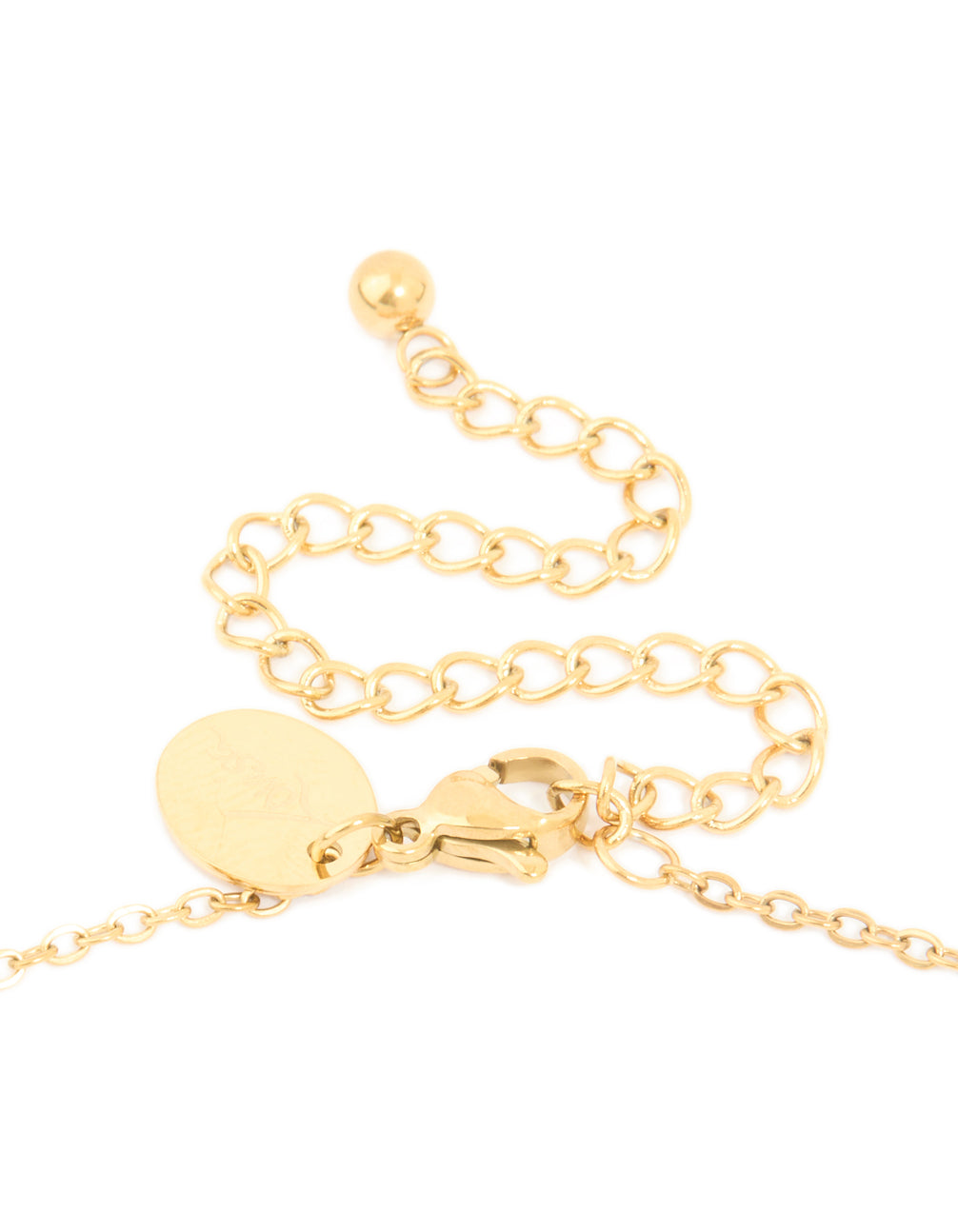 Presenting waterproof letter J necklace design with initial feature pendant, bamboo style in gold plated stainless steel clasp detail view