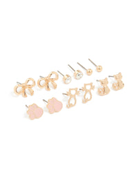 Kids Gold Bow & Cat Stud Earrings 6-Pack - link has visual effect only