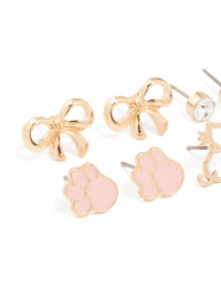 Kids Gold Bow & Cat Stud Earrings 6-Pack - link has visual effect only