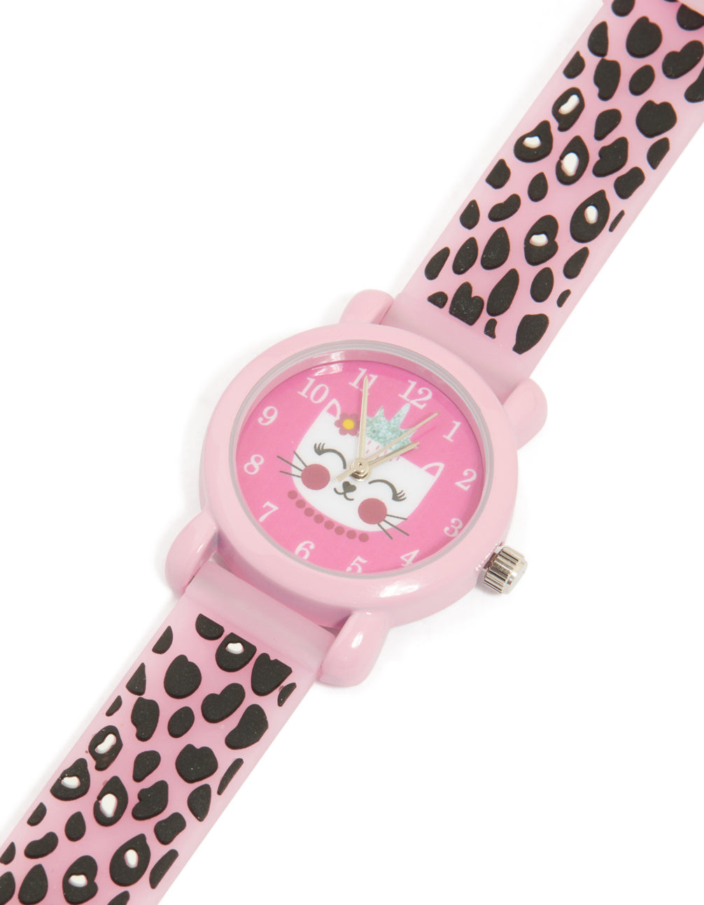 Featuring a kids leopard print cat slap watch with silicone strap in casual analog style watch face detail view