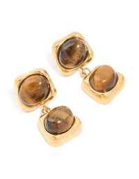 Waterproof Gold Plated Stainless Steel Tigers Eye Semi Precious Stone Small Drop Earrings - link has visual effect only