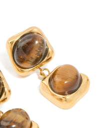 Waterproof Gold Plated Stainless Steel Tigers Eye Semi Precious Stone Small Drop Earrings - link has visual effect only