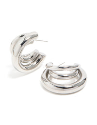 Featuring waterproof gold plated stainless steel triple illusion hoop earrings with statement design in silver front view - link has visual effect only