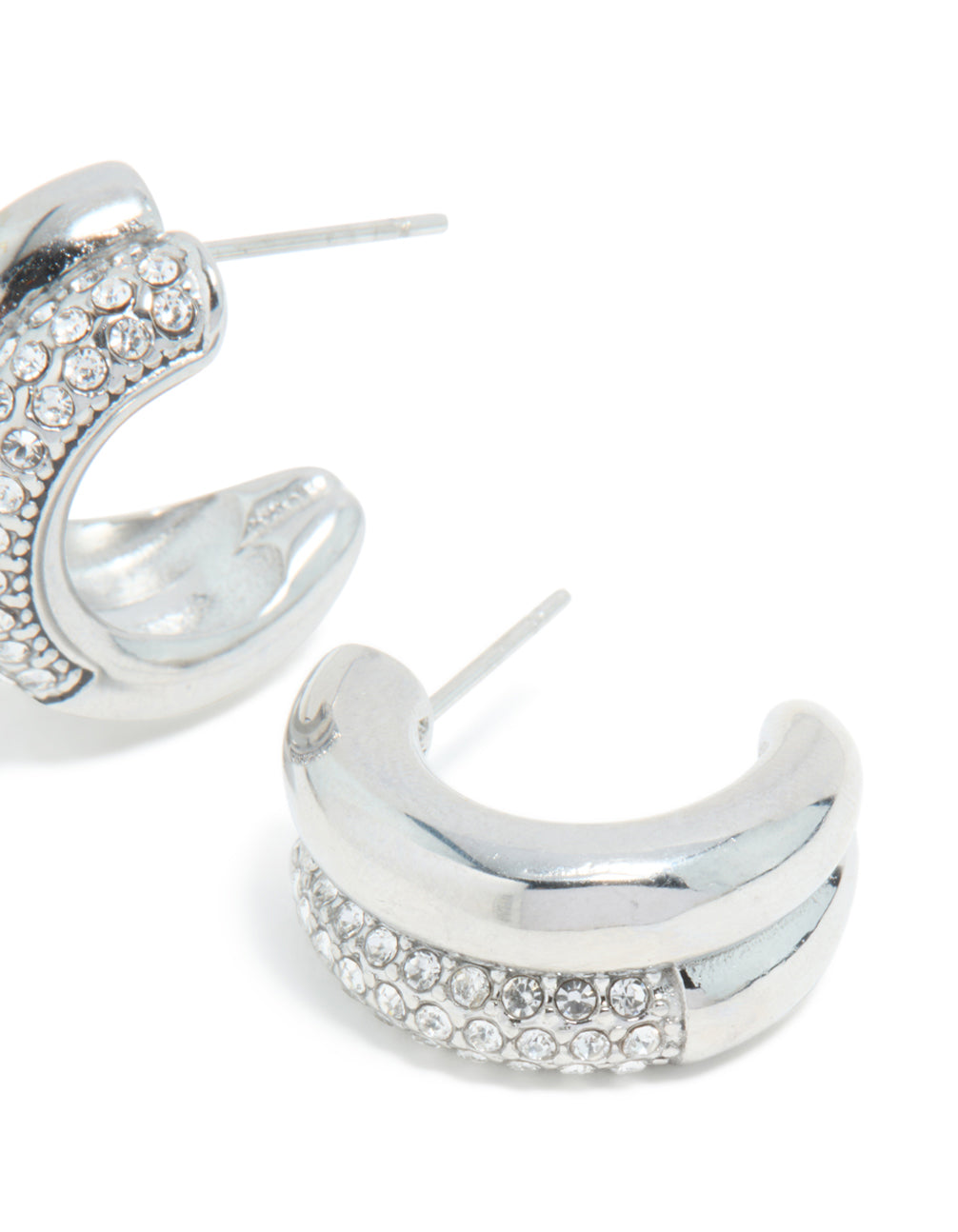 Waterproof stainless steel cubic zirconia pave illusion hoop earrings in silver post detail view