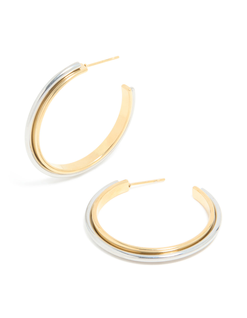 Discover waterproof mixed metal plated stainless steel large illusion hoop earrings in statement style with gold and silver closure front view