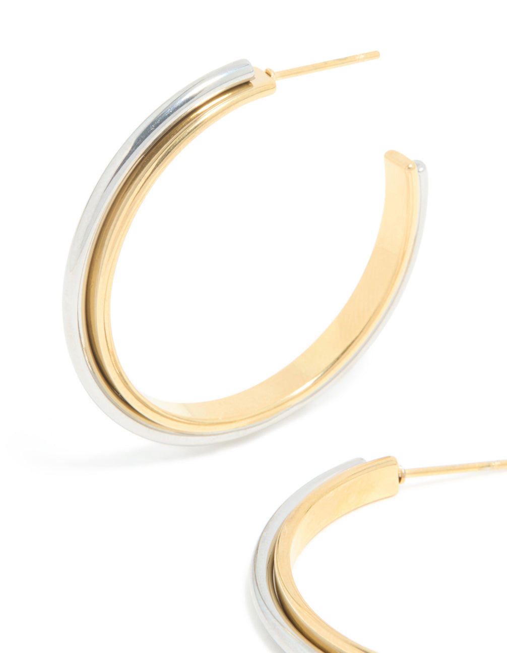 Browse waterproof mixed metal plated stainless steel large illusion hoop earrings in statement style with gold and silver closure close up view