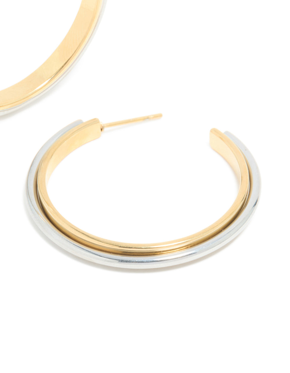 View waterproof mixed metal plated stainless steel large illusion hoop earrings in statement style with gold and silver closure post detail view