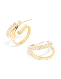 Waterproof Gold Plated Stainless Steel Cubic Zirconia Double Illusion Hoop Earrings - link has visual effect only
