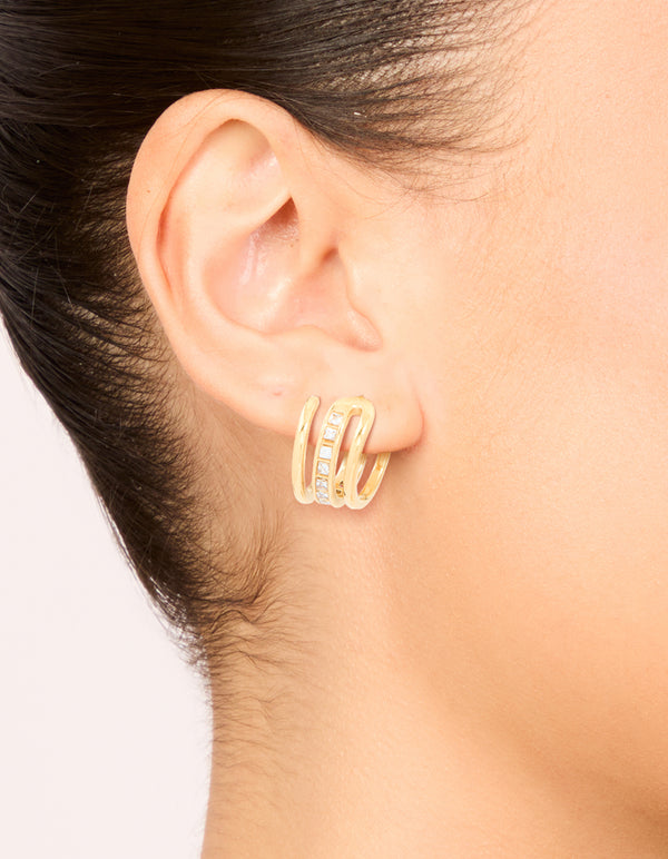 Waterproof Gold Plated Stainless Steel Cubic Zirconia Illusion Hoop Earrings