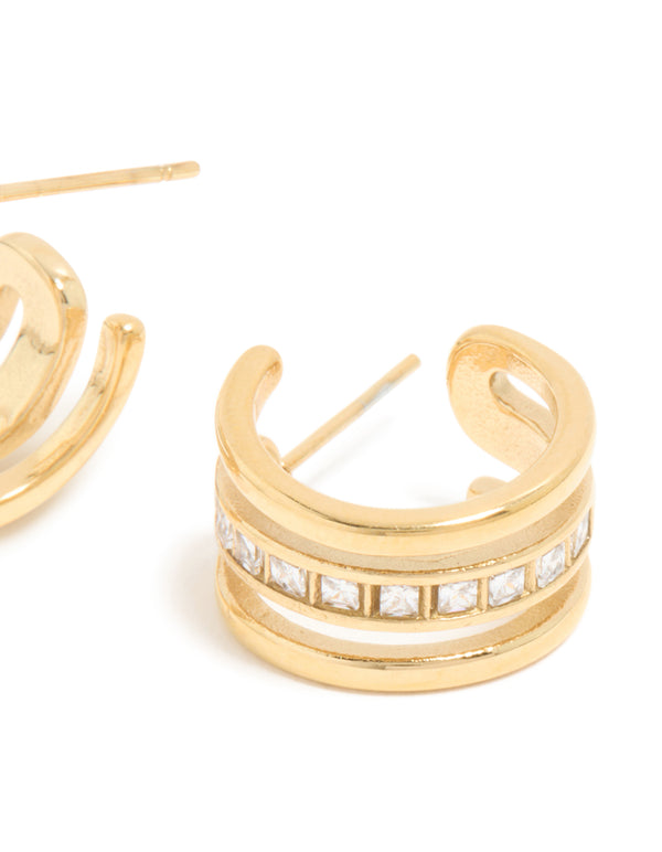 Waterproof Gold Plated Stainless Steel Cubic Zirconia Illusion Hoop Earrings