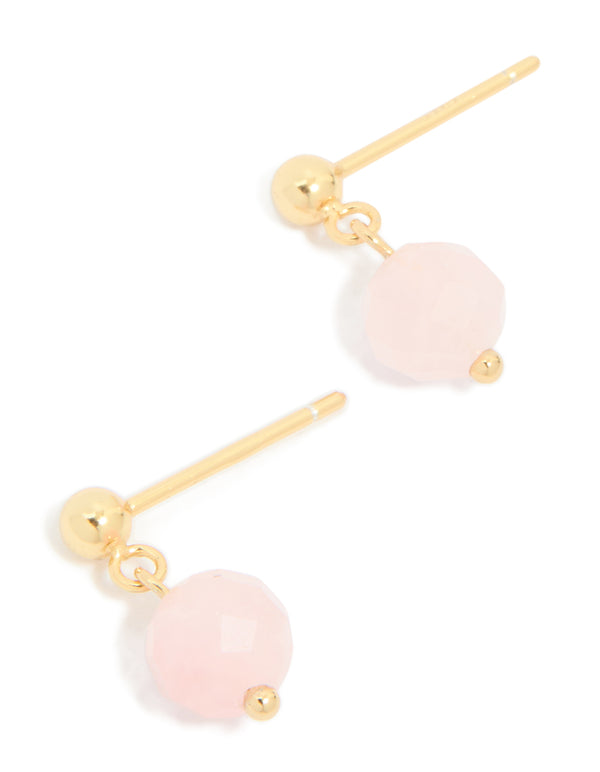 Gold Plated Sterling Silver Rose Quartz Semi Precious Stone Drop Earrings