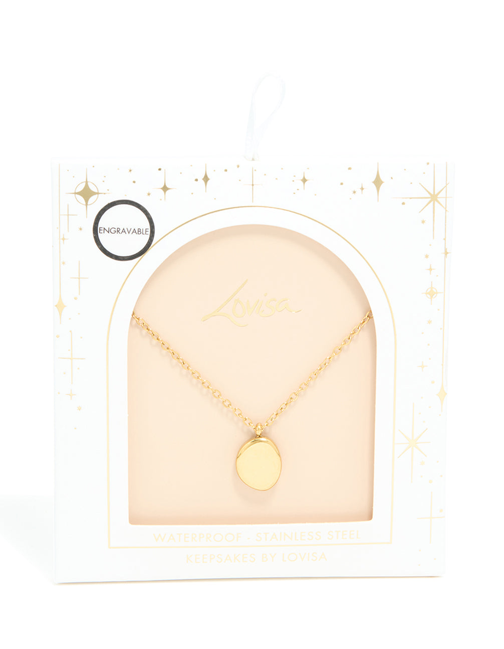 Discover a waterproof gold plated stainless steel oval engravable pendant necklace close up view