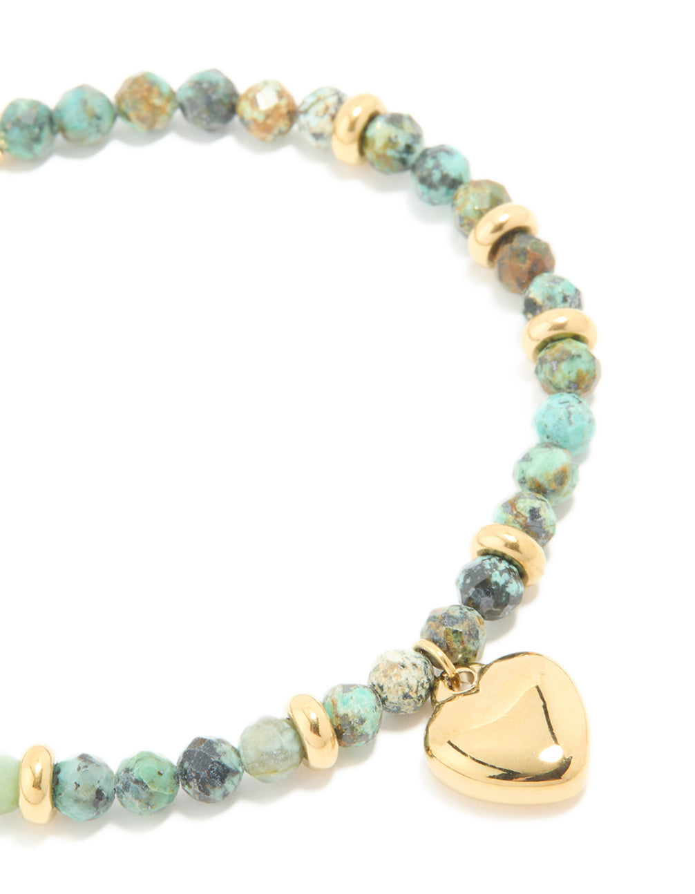 Presenting a waterproof beaded, heart bracelet with turquoise semi precious stone and gold plated stainless steel in dainty style close up view