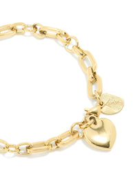 Waterproof Gold Stainless Steel Chunky Heart Link Charm Bracelet - link has visual effect only
