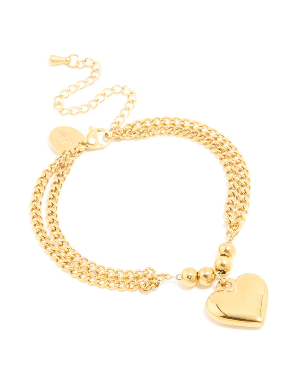 Featuring a waterproof gold plated stainless steel heart double row bracelet with beads front view