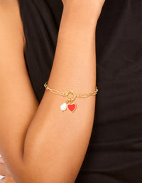 Waterproof Gold Plated Stainless Steel Red Enamel Heart & Pearl Charm Bracelet - link has visual effect only