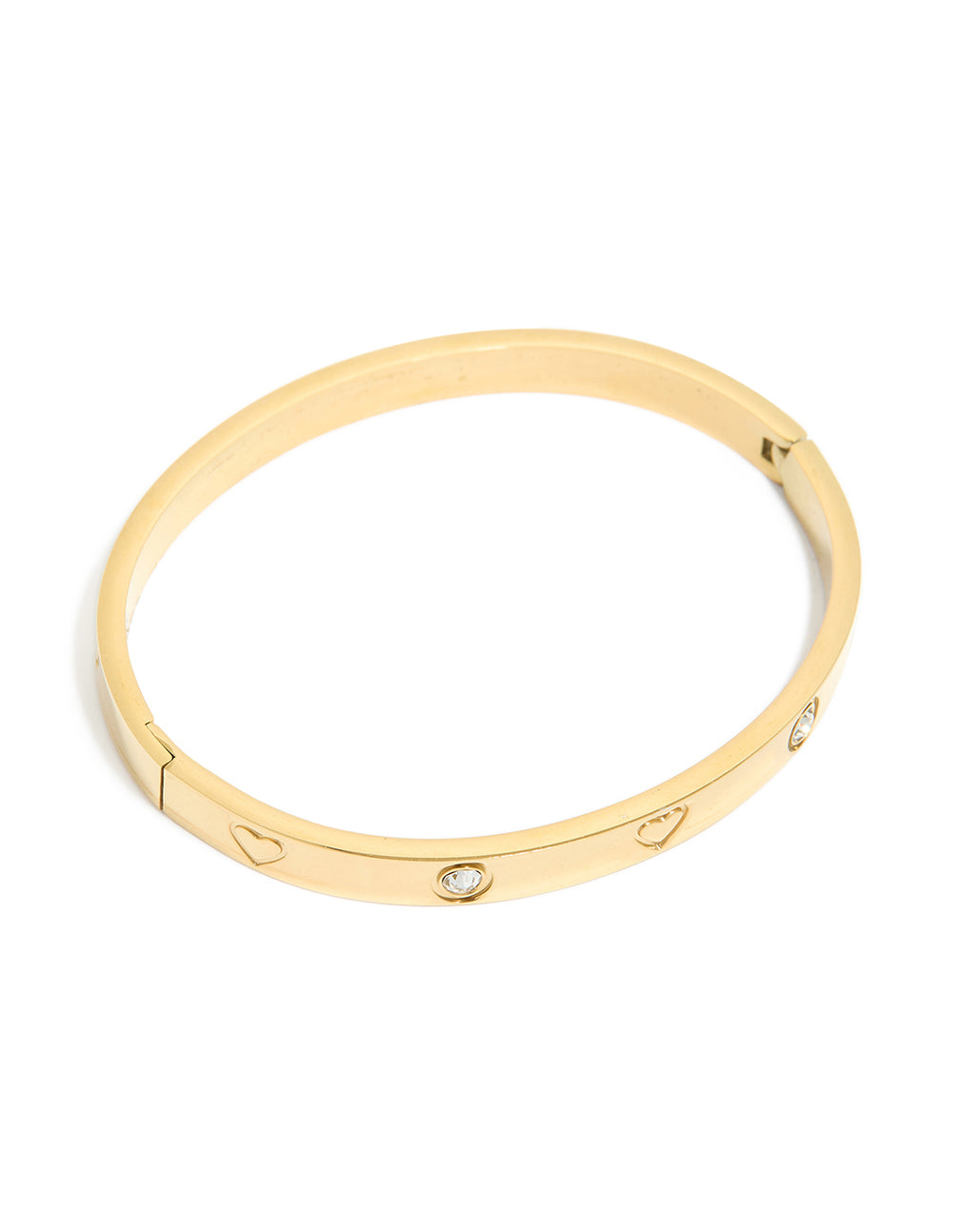 Featuring a waterproof gold plated stainless steel cubic zirconia heart bangle front view