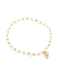 Waterproof Gold Plated Stainless Steel Clear Quartz Semi Precious Stone Heart Link Stretch Bracelet - link has visual effect only