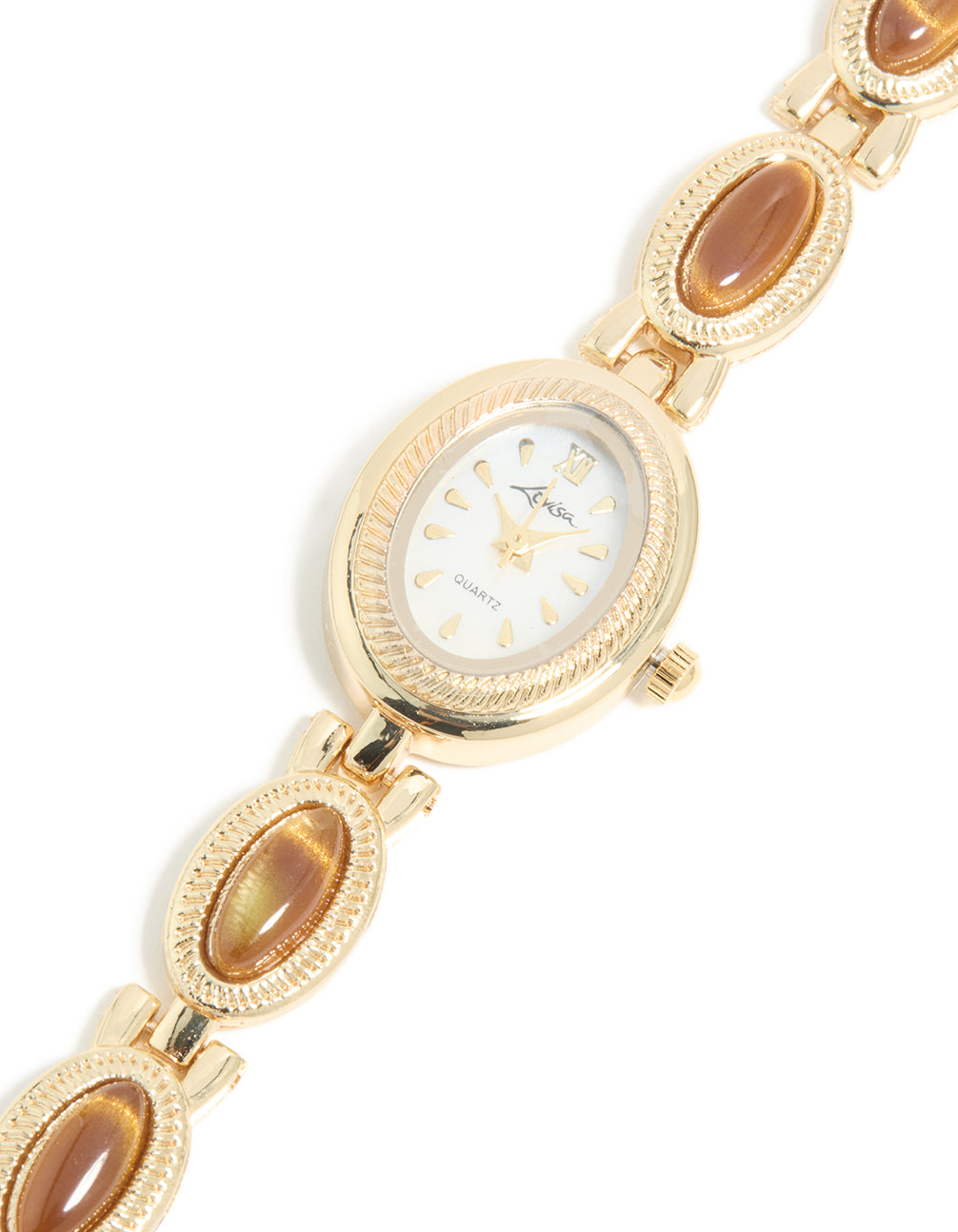 Crafted with tigers eye semi precious stone detail, this women's analog watch features white dial, round shape, link band in gold for casual occasions watch face detail view