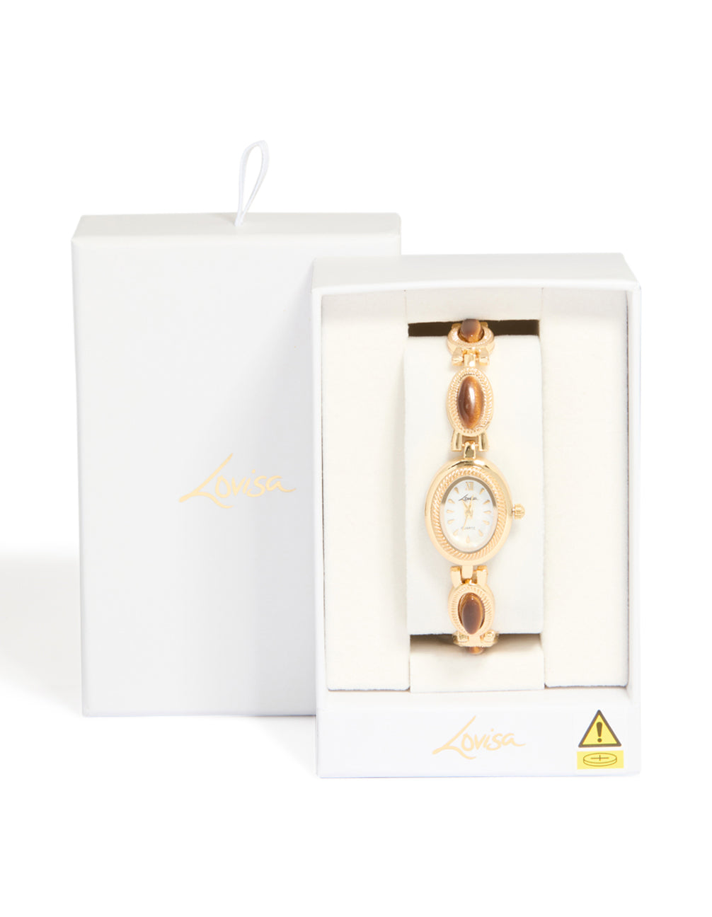 Designed with tigers eye semi precious stone accents, this women's timepiece offers white dial, round shape, link band, and analog functionality in gold case detail view