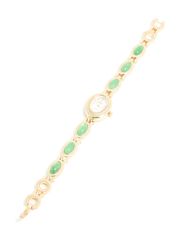 Gold Green Semi Precious Stone Band Watch