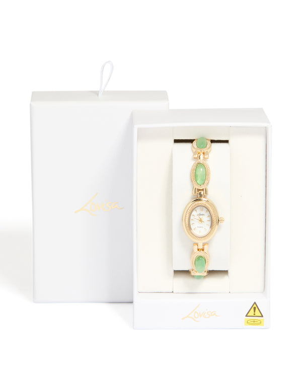 Gold Green Semi Precious Stone Band Watch