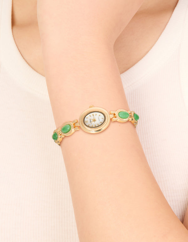 Gold Green Semi Precious Stone Band Watch