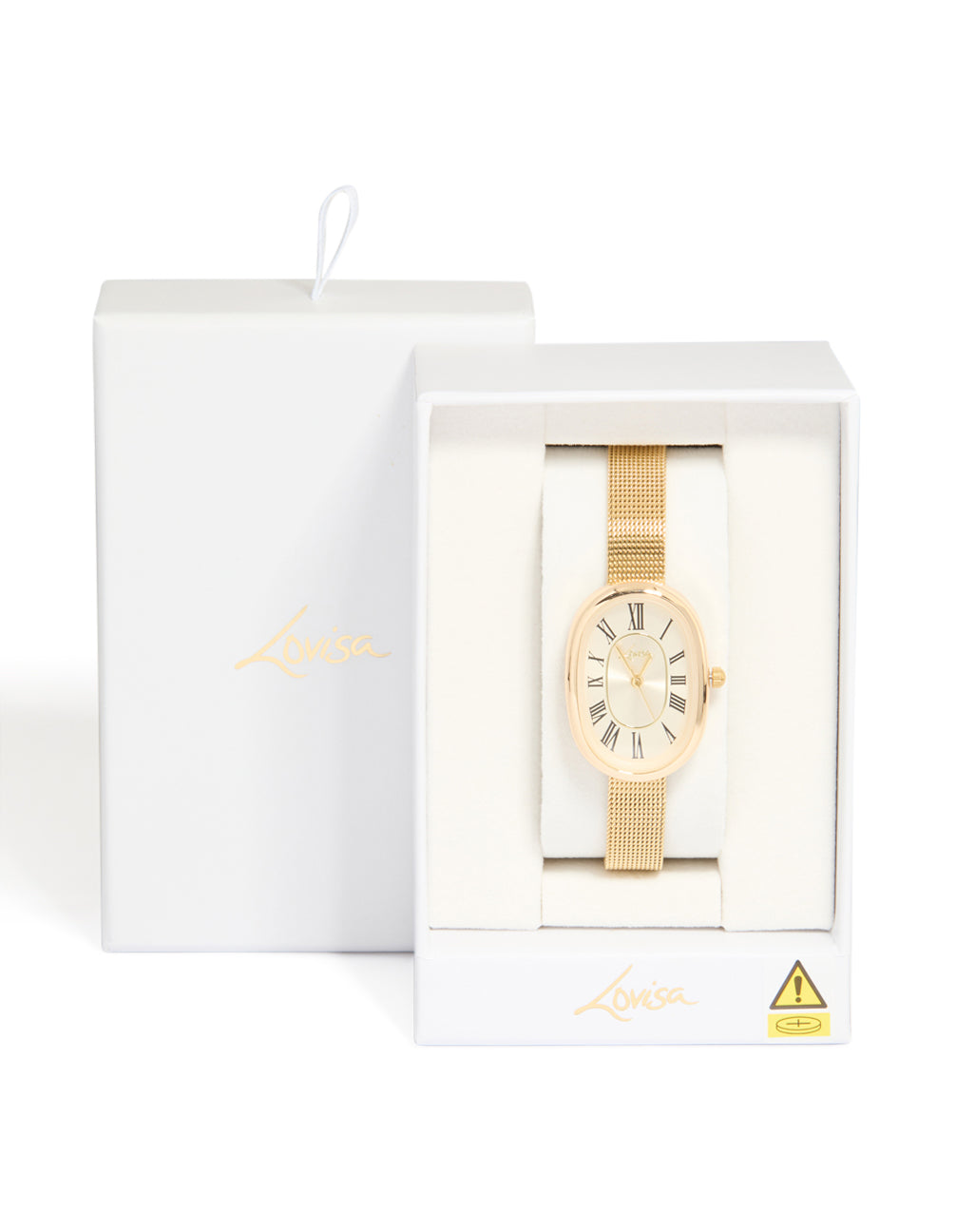 Beautifully crafted, this gold vintage mesh oval face watch with beige dial roman numerals designed for women featuring formal analog styling displayed in packaging case detail view