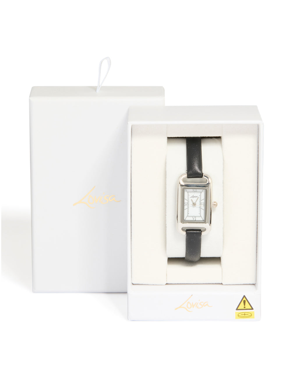 Beautifully crafted, women's mini loop watch with roman featuring white dial, rectangle shape, analog display, casual style, PU leather strap in black and silver color displayed in packaging case detail view