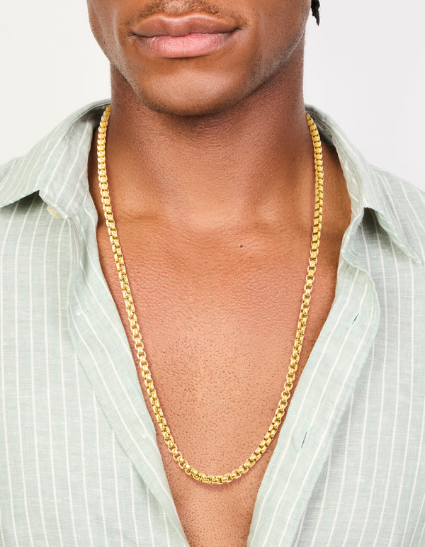 Mens Waterproof Gold Plated Stainless Steel Large Smooth Box Chain Necklace