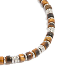 Mens Waterproof Stainless Steel Semi Precious Tiger's Eye Beaded Bracelet - link has visual effect only