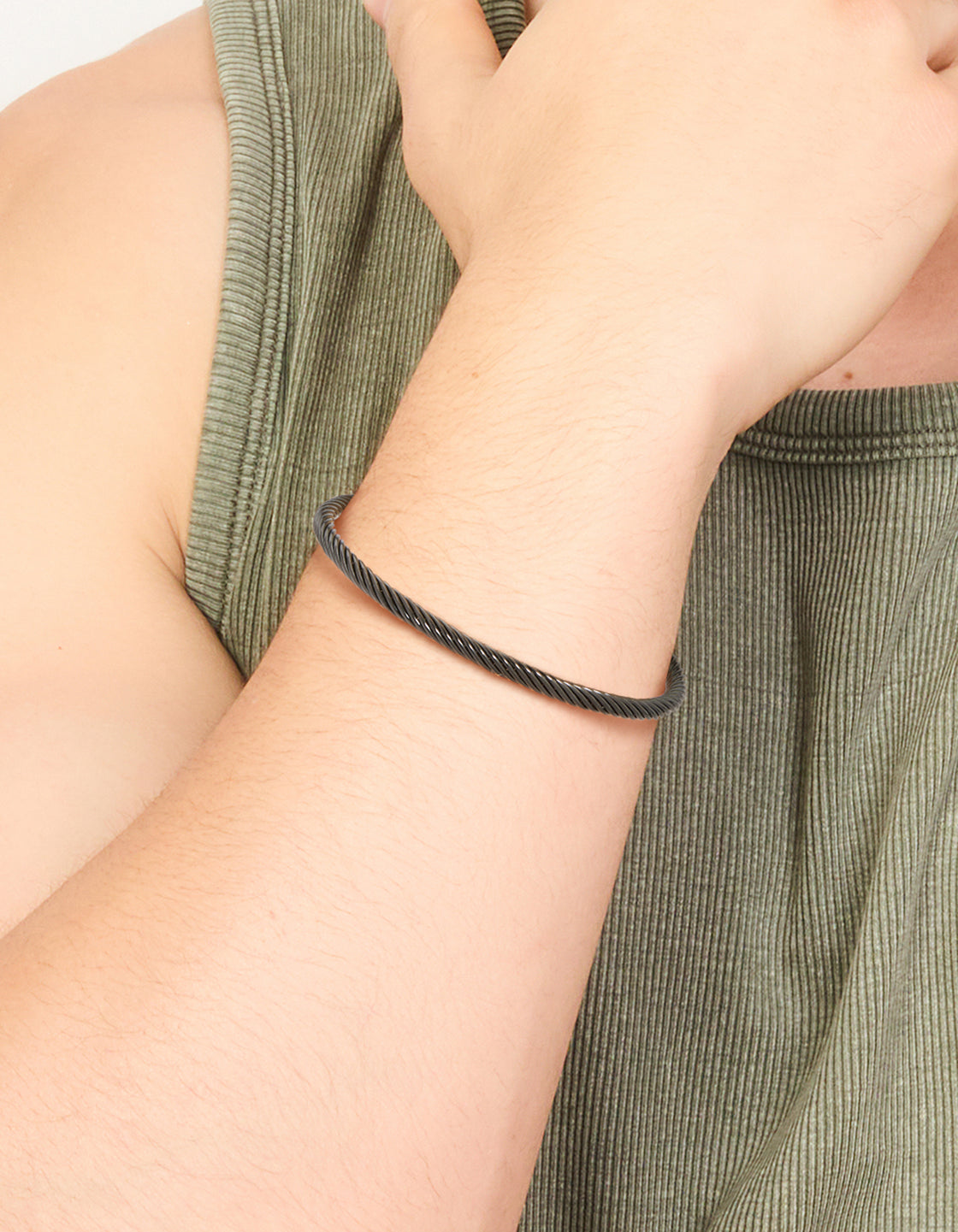 Mens Waterproof Black Stainless Steel Wire Twisted Wrist Cuff