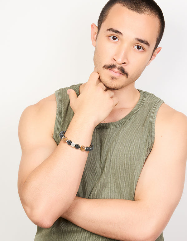 Mens Waterproof Stainless Steel Large Beaded Stretch Bracelet