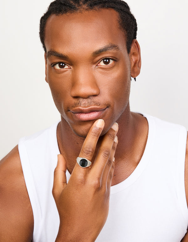 Mens Waterproof Stainless Steel Black Enamel Signet Ring