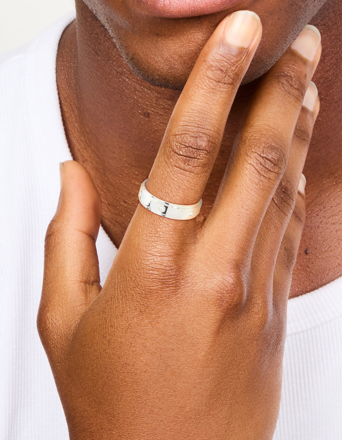 Mens Waterproof Stainless Steel Cubic Zirconia Flat Band Ring