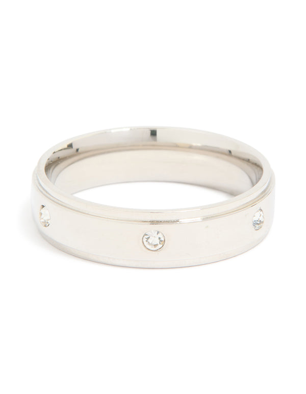 Mens Waterproof Stainless Steel Cubic Zirconia Flat Band Ring